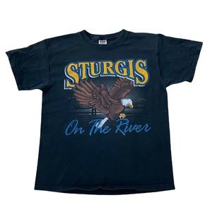 Vintage 2001 Sturgis On The River Motorcycle Short Sleeve Tee | Black | Size L
